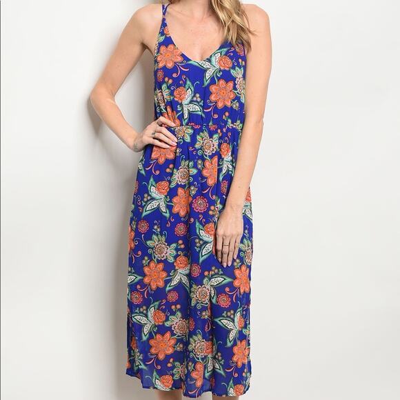 Floral Midi Dress Blue Elastic Cinched Waist - Picture 1 of 6